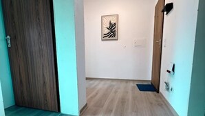 Käytävä, jossa on puulattia, vasemmalla puinen ovi, oikealla puinen ovi ja kattoon asennettu valaisin.