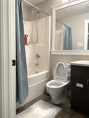 Secador de cabelo, toalhas de banho, sabonete, papel higiênico