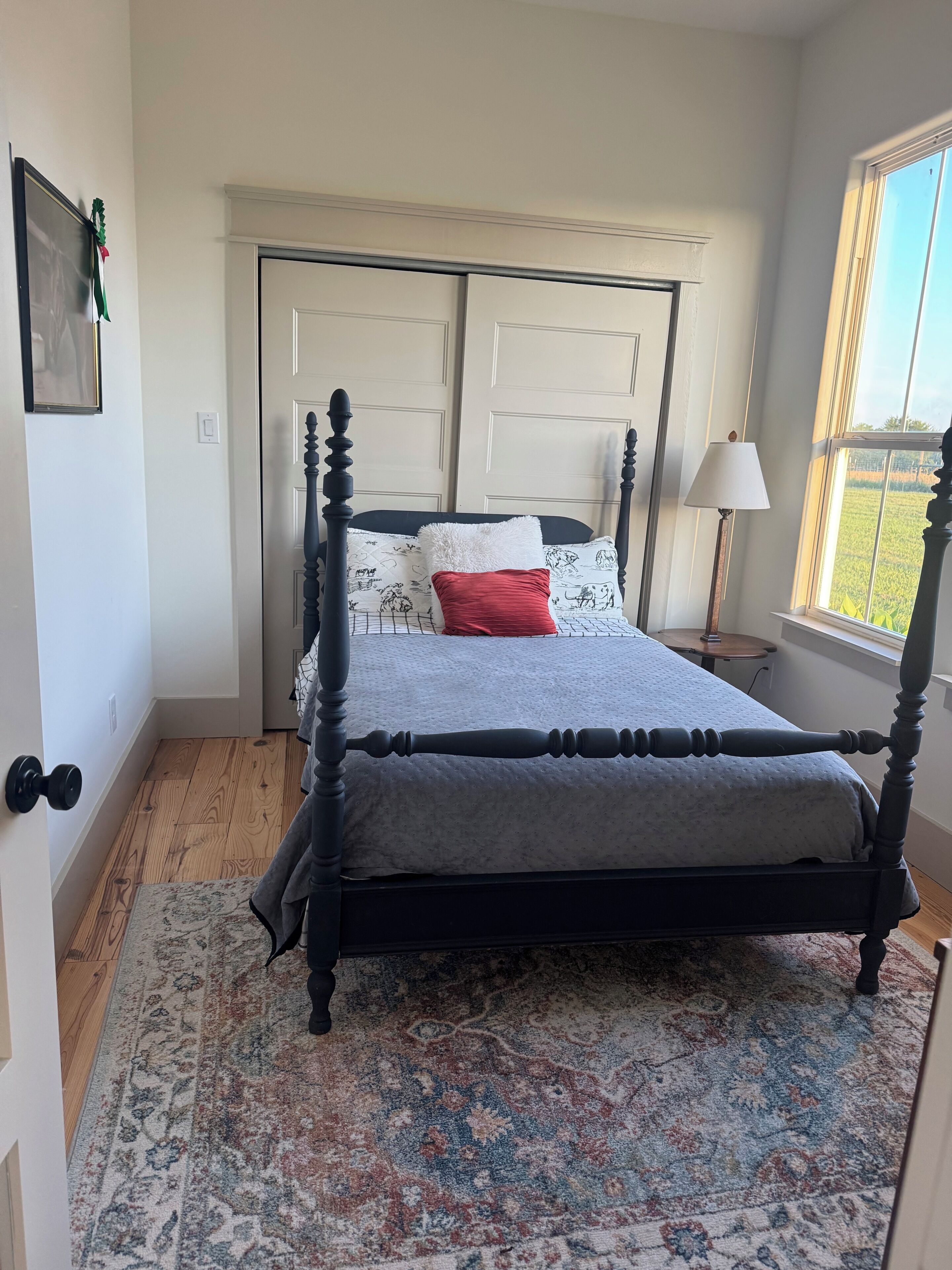 A bedroom with a four-poster bed, a patterned rug, a window with a view of greenery, and a door with a light switch.