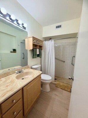 Regadera, secadora de cabello, toallas, jabón 