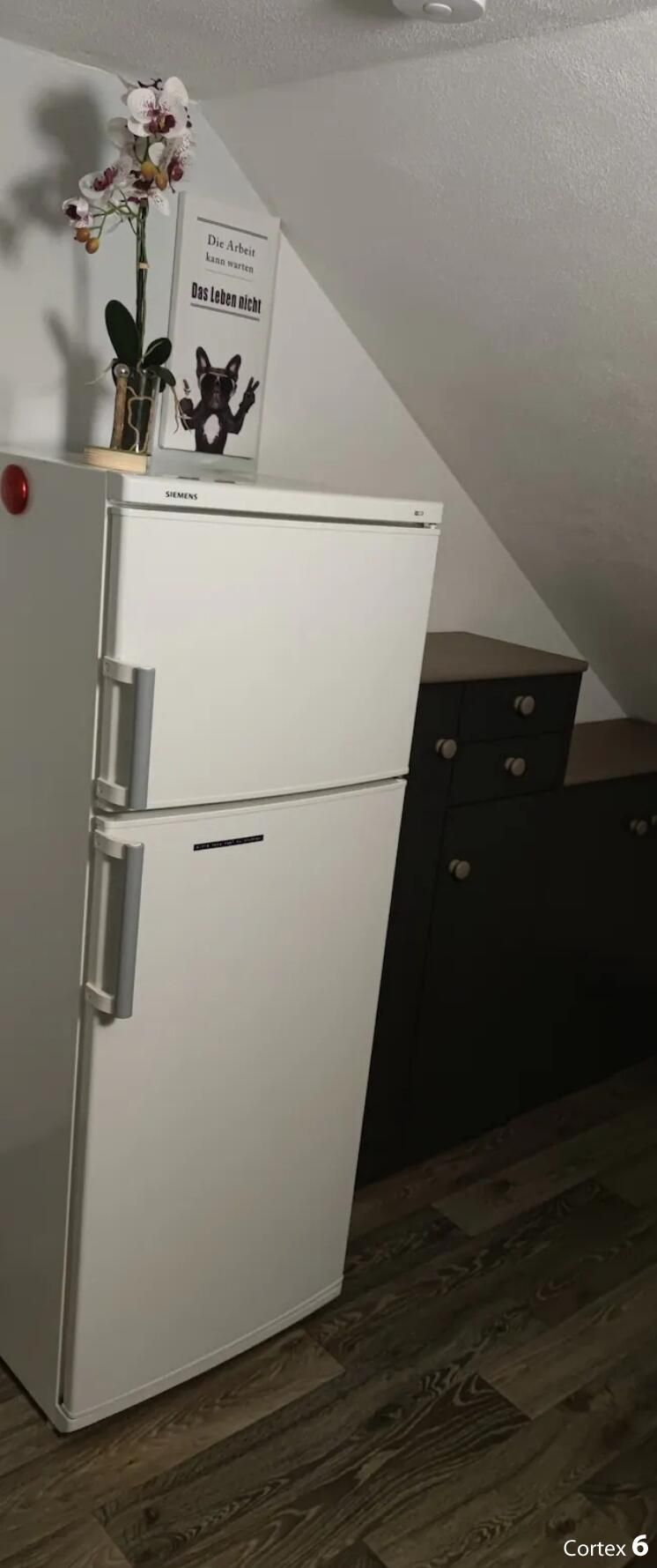 Een witte koelkast met vriesvak, een klein plankje met een fotolijstje, en een bord aan de muur.