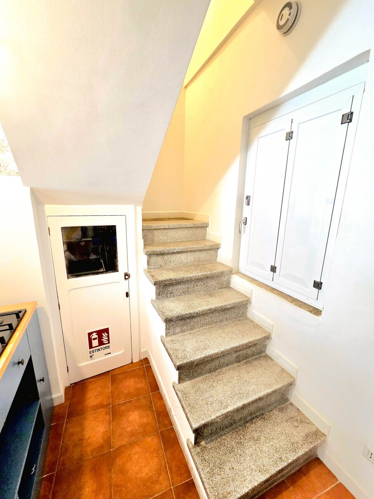 A staircase with carpeted steps leading to a white door with a window.