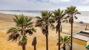 A beach with palm trees, a pier in the distance, and a building with a flat roof.