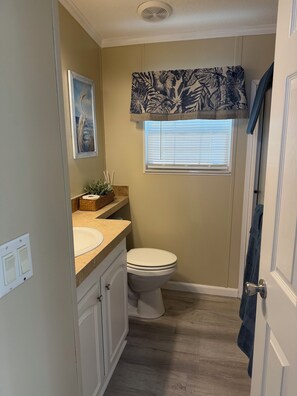 Shower, hair dryer, towels, toilet paper