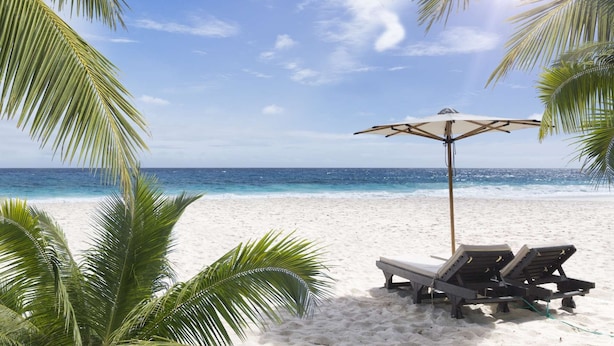 A beach with white sand, a clear blue sky, and a calm sea. There are two lounge chairs and a beach umbrella. - Beautifully renovated Longboat Key Villa brief walk to a private beach (Longboat Key)