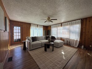 Smart TV, fireplace, books