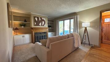 Smart TV, fireplace, books