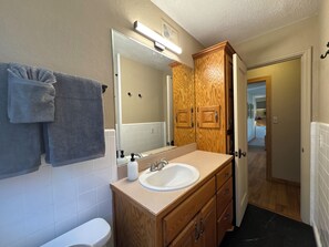 Hair dryer, towels, soap, shampoo