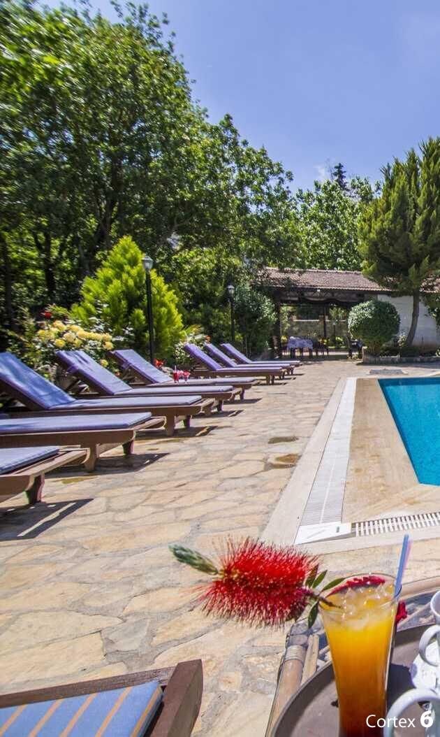 Un área junto a la piscina con sillas de descanso y una piscina azul cristalina.