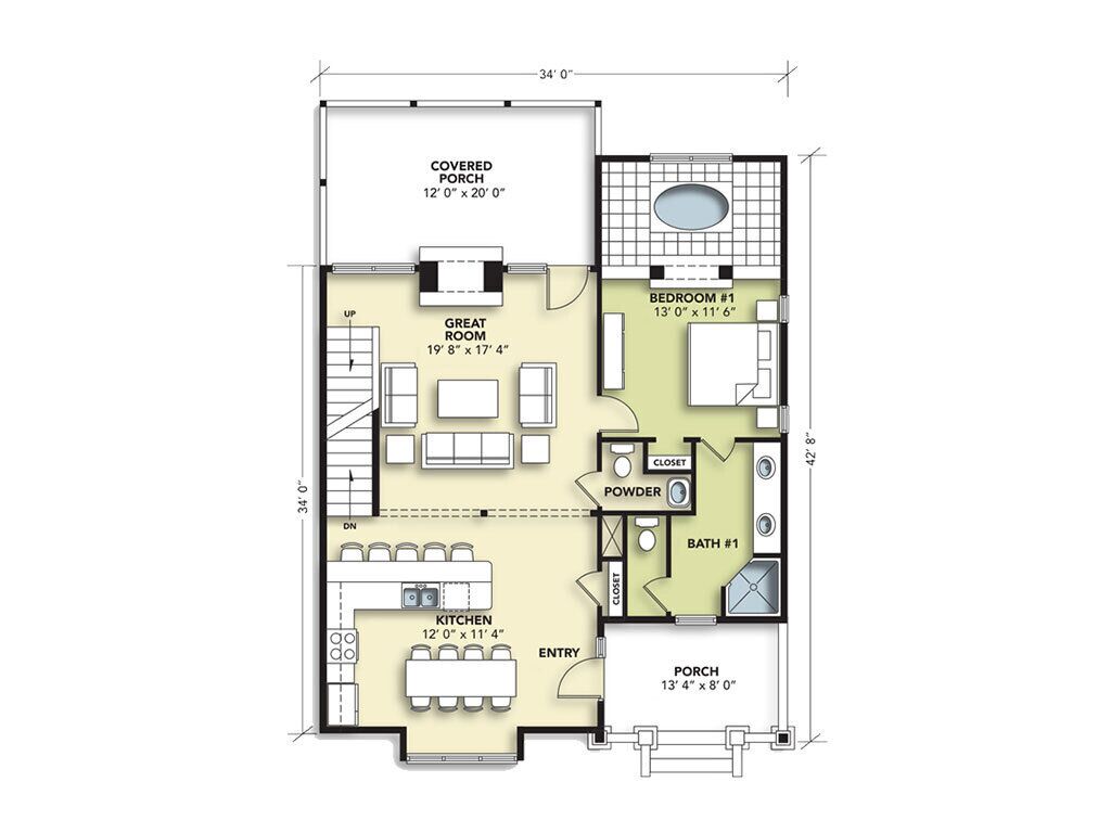 Pianta di un albergo con portico coperto, soggiorno, cucina, bagno di servizio, camera da letto, bagno e ingresso.
