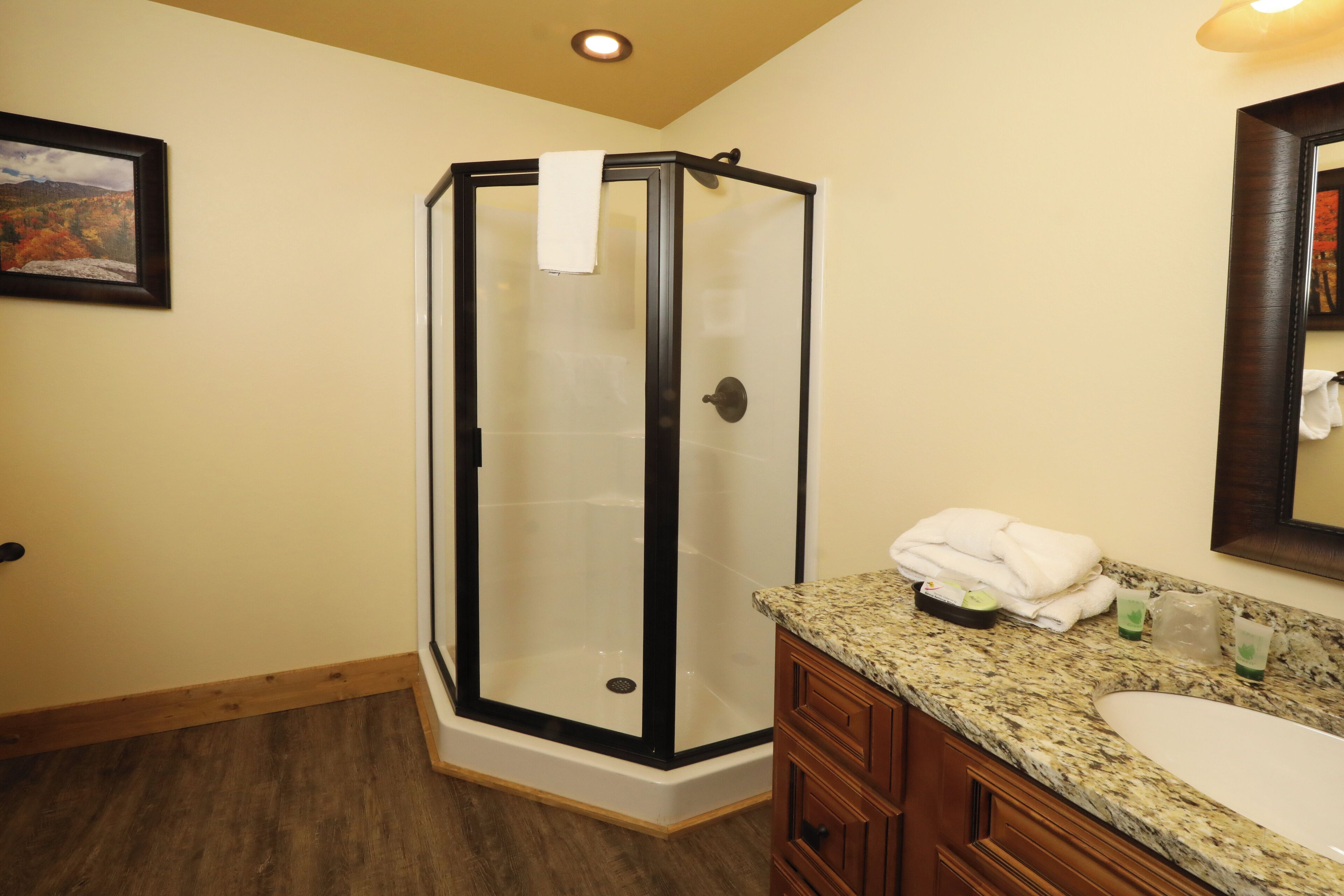 A bathroom with a glass-enclosed shower, a sink with a granite countertop, and a wooden vanity.