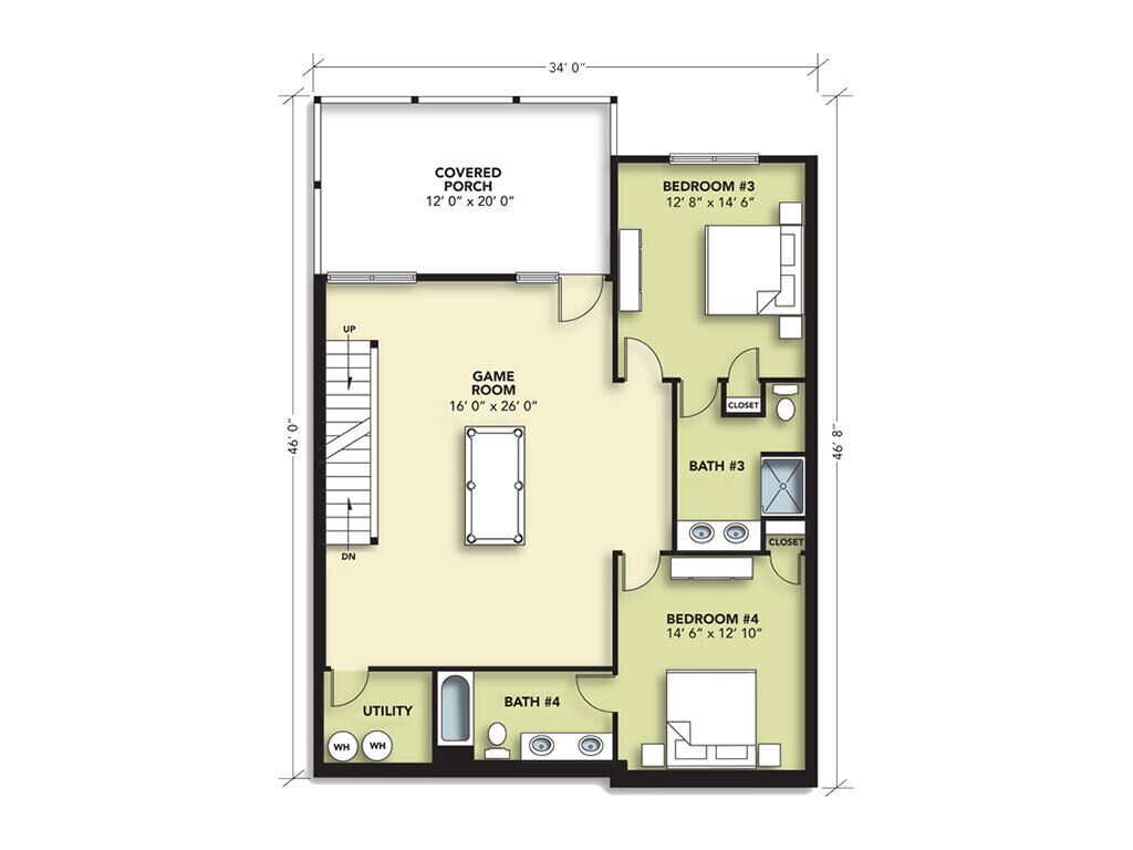 Plano de planta de un apartamento con porche cubierto, dos dormitorios, dos baños, sala de juegos y área de servicios.