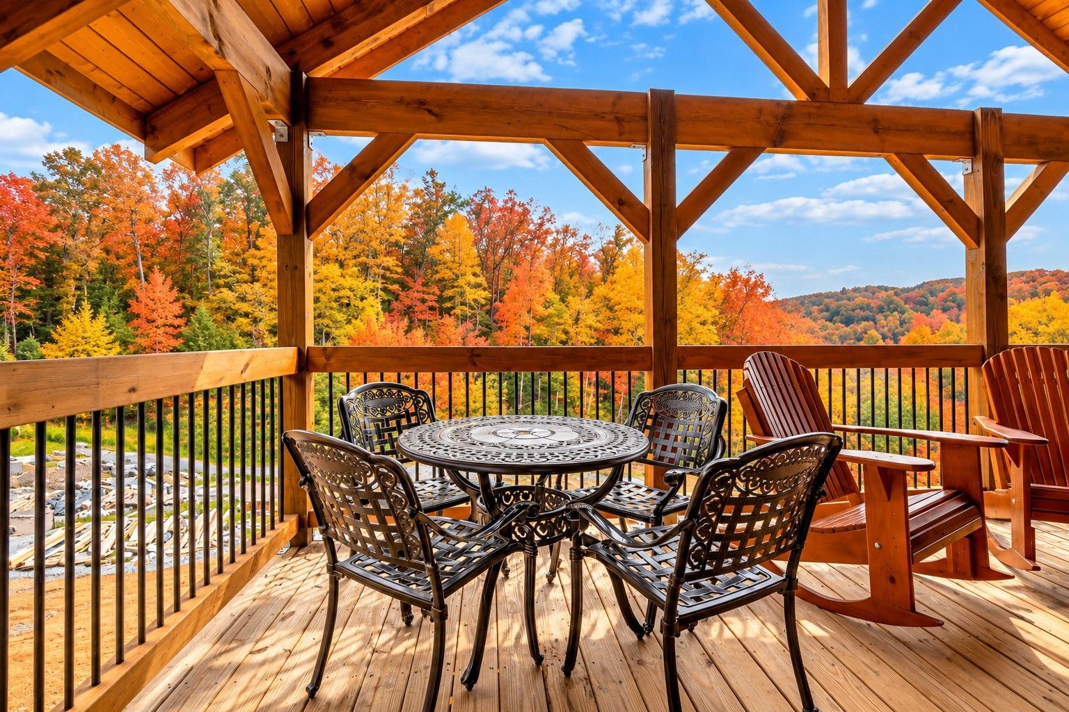 A wooden deck with a table and chairs, surrounded by a railing, overlooking a forest with autumn foliage.