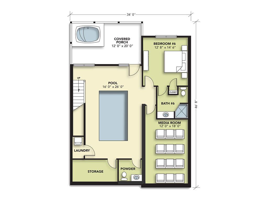 Plano de planta de una habitación de hotel con porche cubierto, piscina, dormitorio, baño, sala multimedia, aseo de cortesía, área de lavandería y almacenamiento.