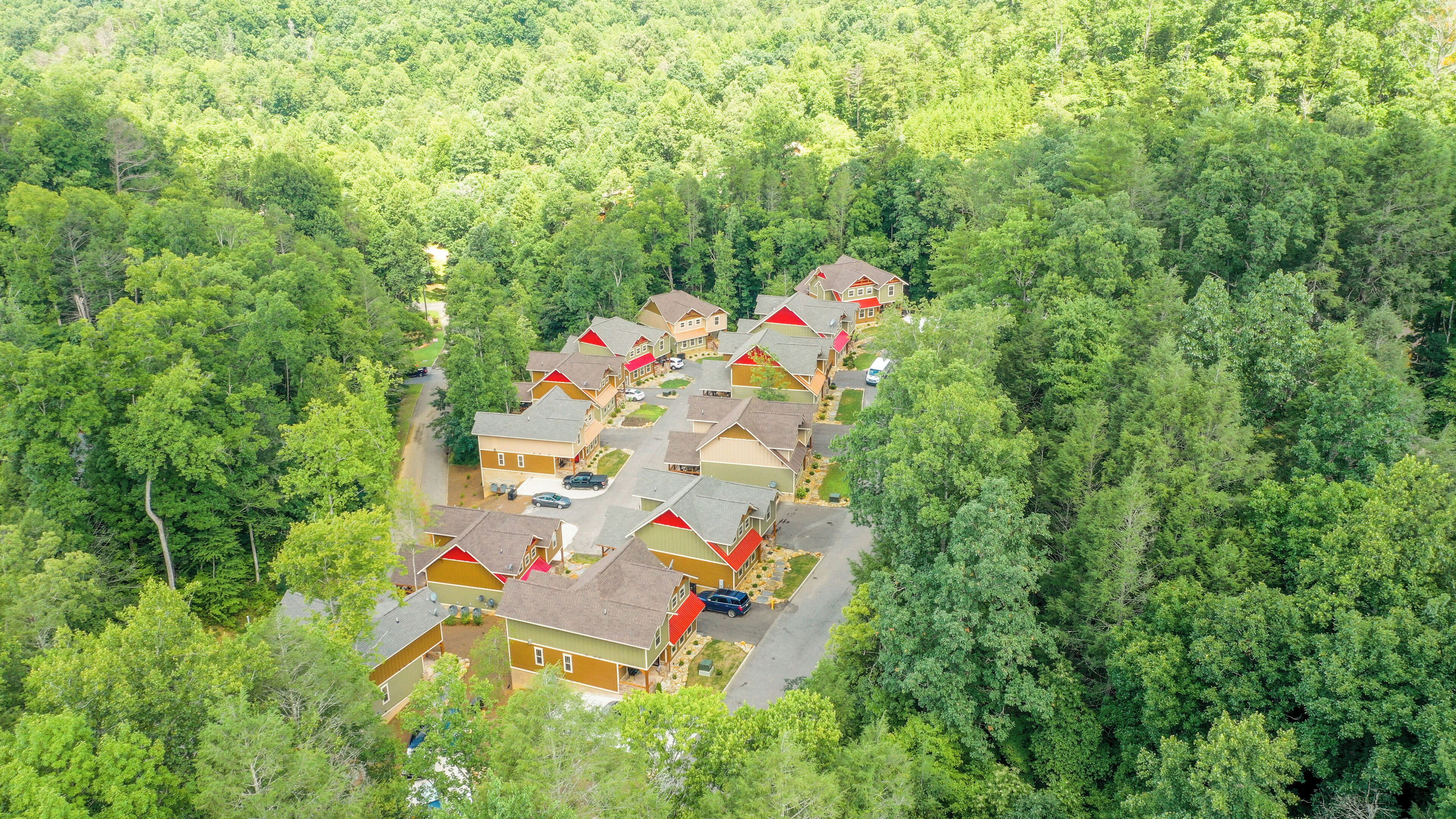 Vue aérienne d’un quartier résidentiel, avec des maisons entourées d’une forêt dense.