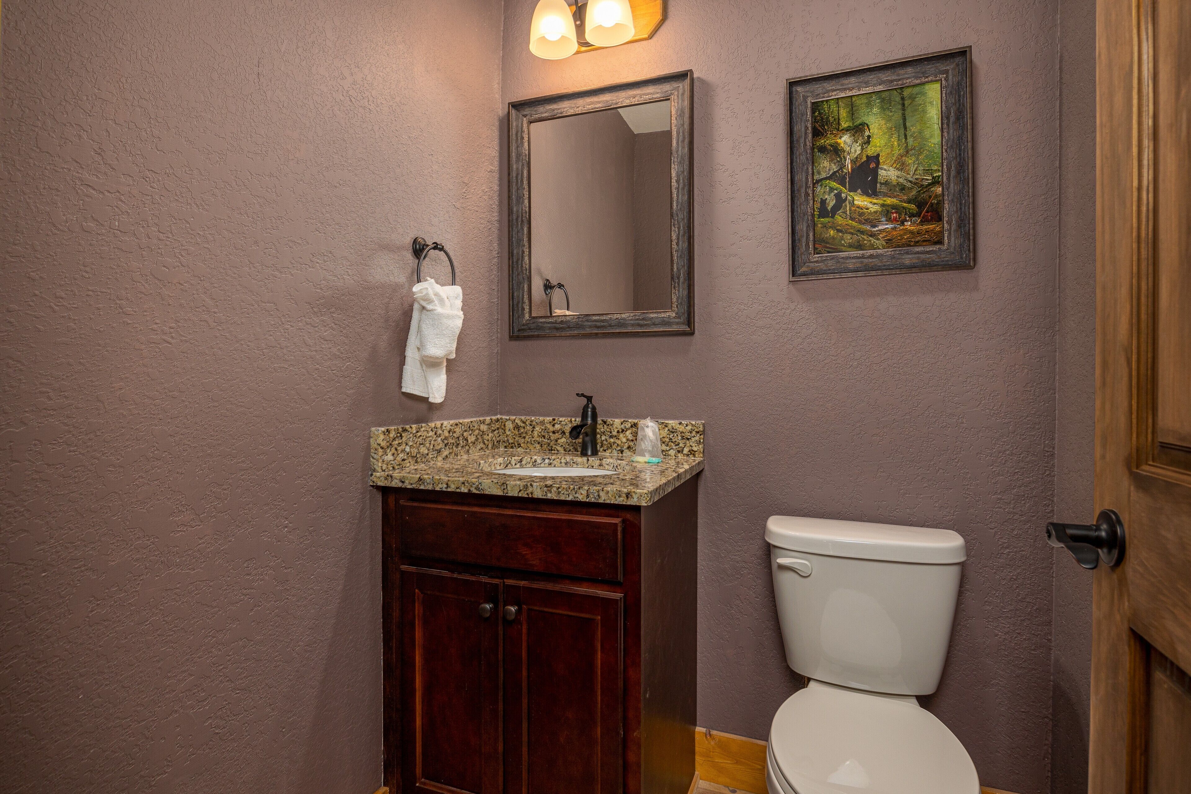 A bathroom with a marble sink, a white toilet, a wooden cabinet, a mirror, and a framed painting on the wall.
