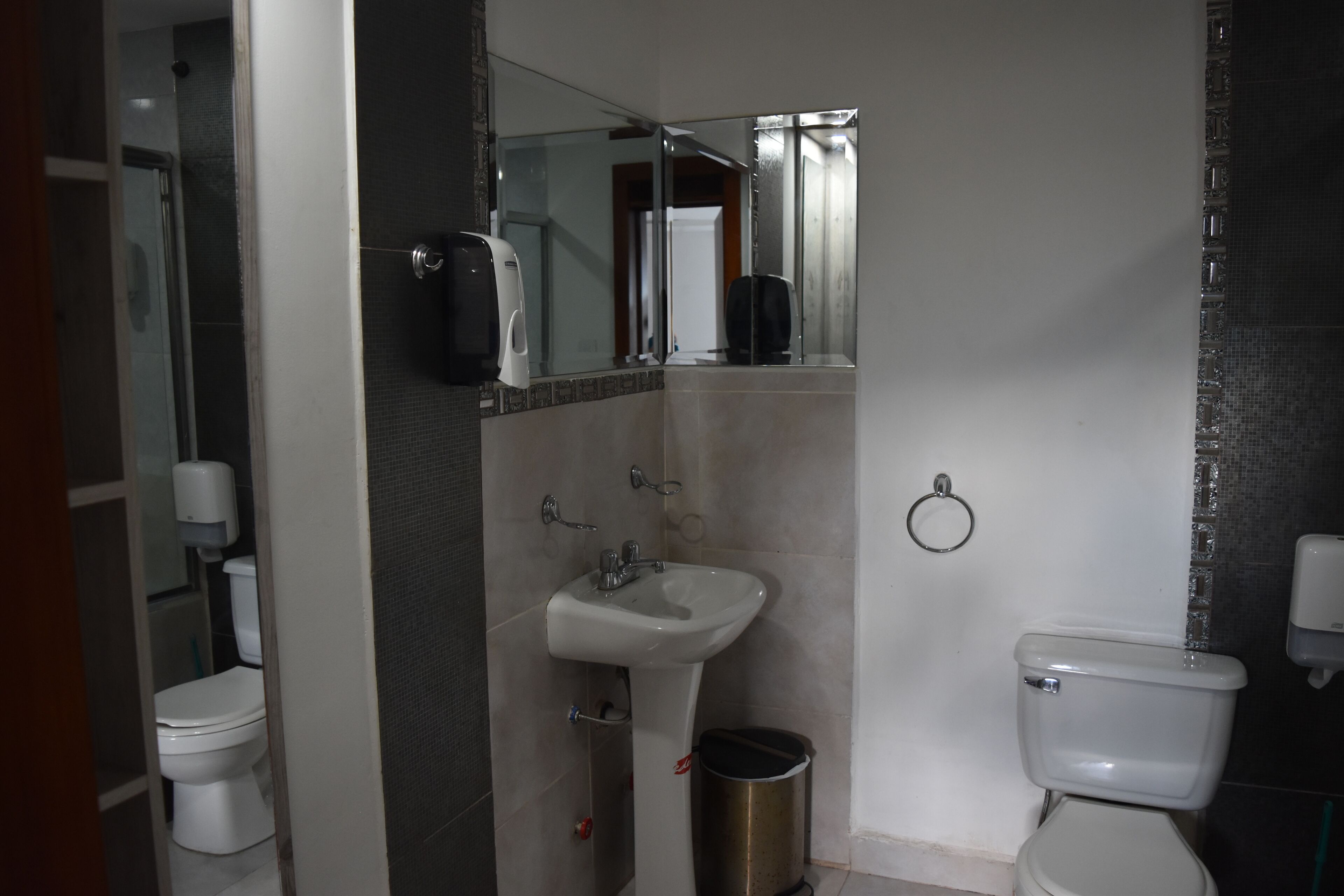 Hair dryer, towels, soap, toilet paper