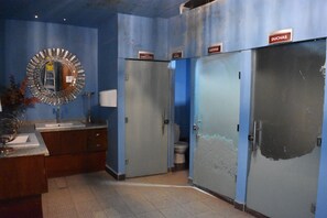 Hair dryer, towels, soap, toilet paper