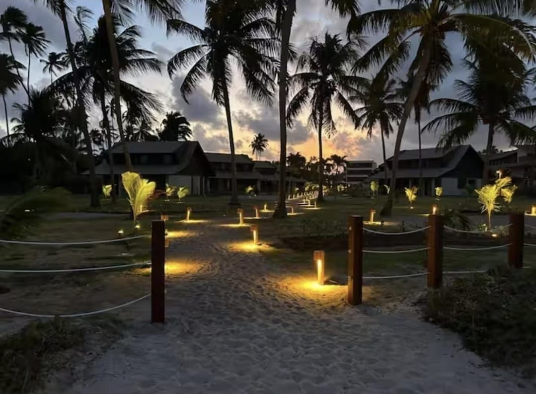 Un resort con un sendero arenoso que conduce a un edificio, rodeado de palmeras e iluminado con luz ambiental.