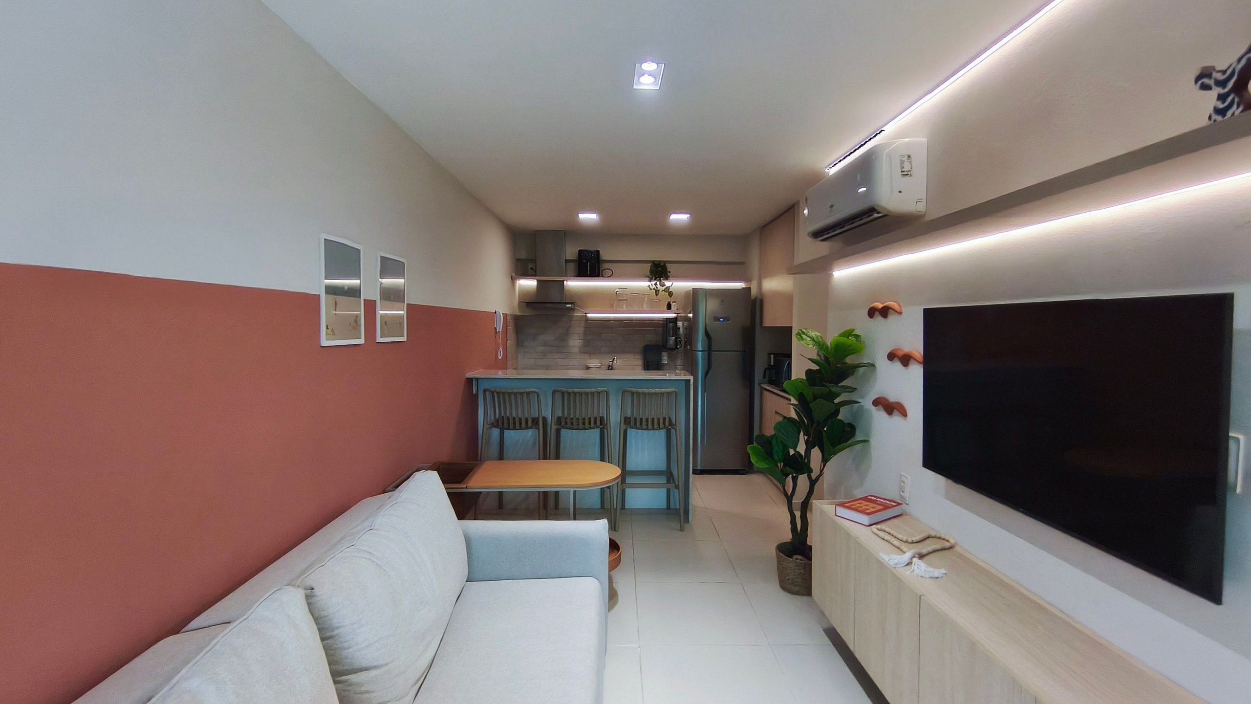 A compact living space with a sofa, a dining table, a TV, a kitchen area, and a potted plant.