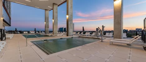 Outdoor pool, pool umbrellas, pool loungers