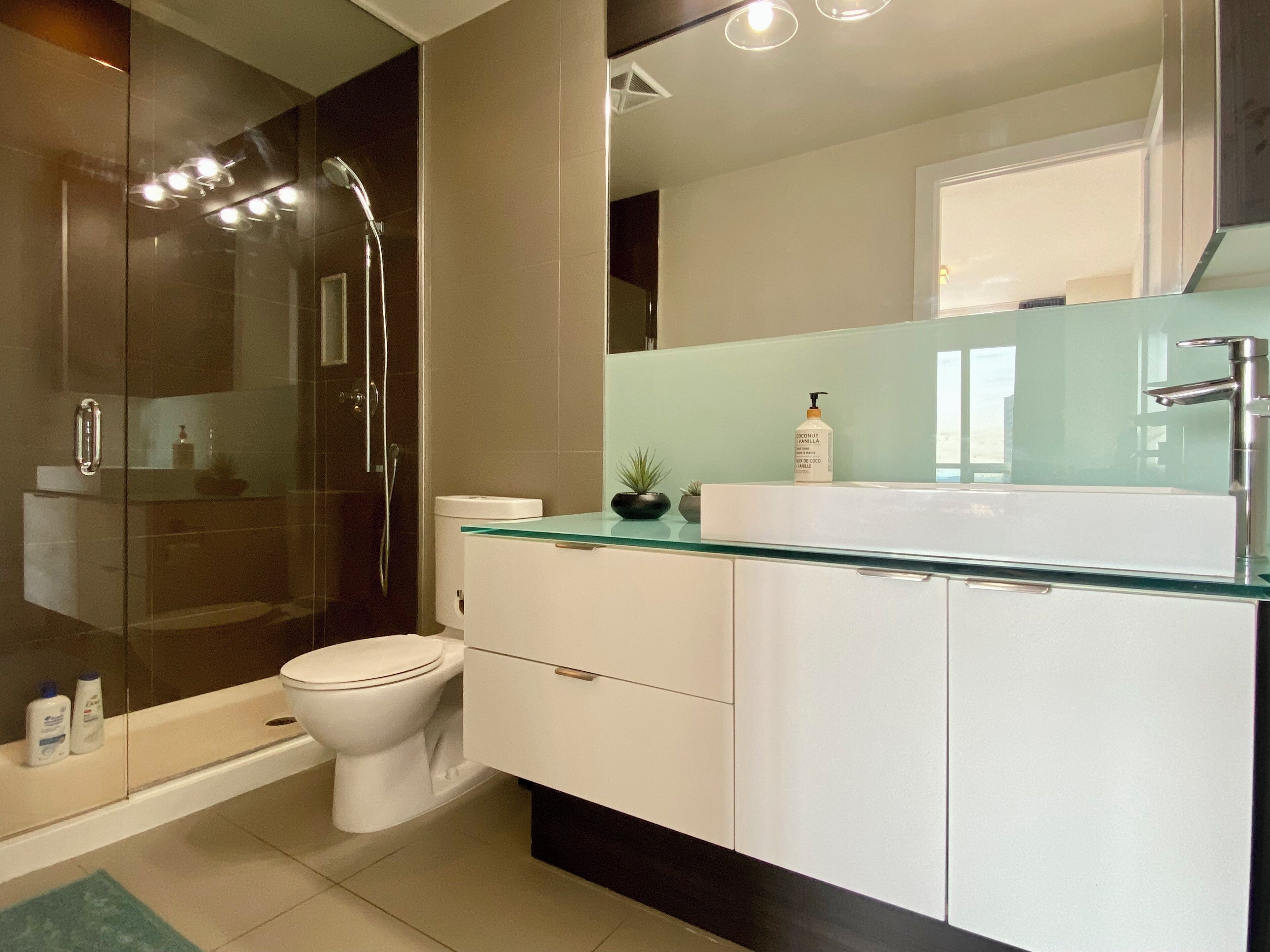 Shower, hair dryer, towels, shampoo