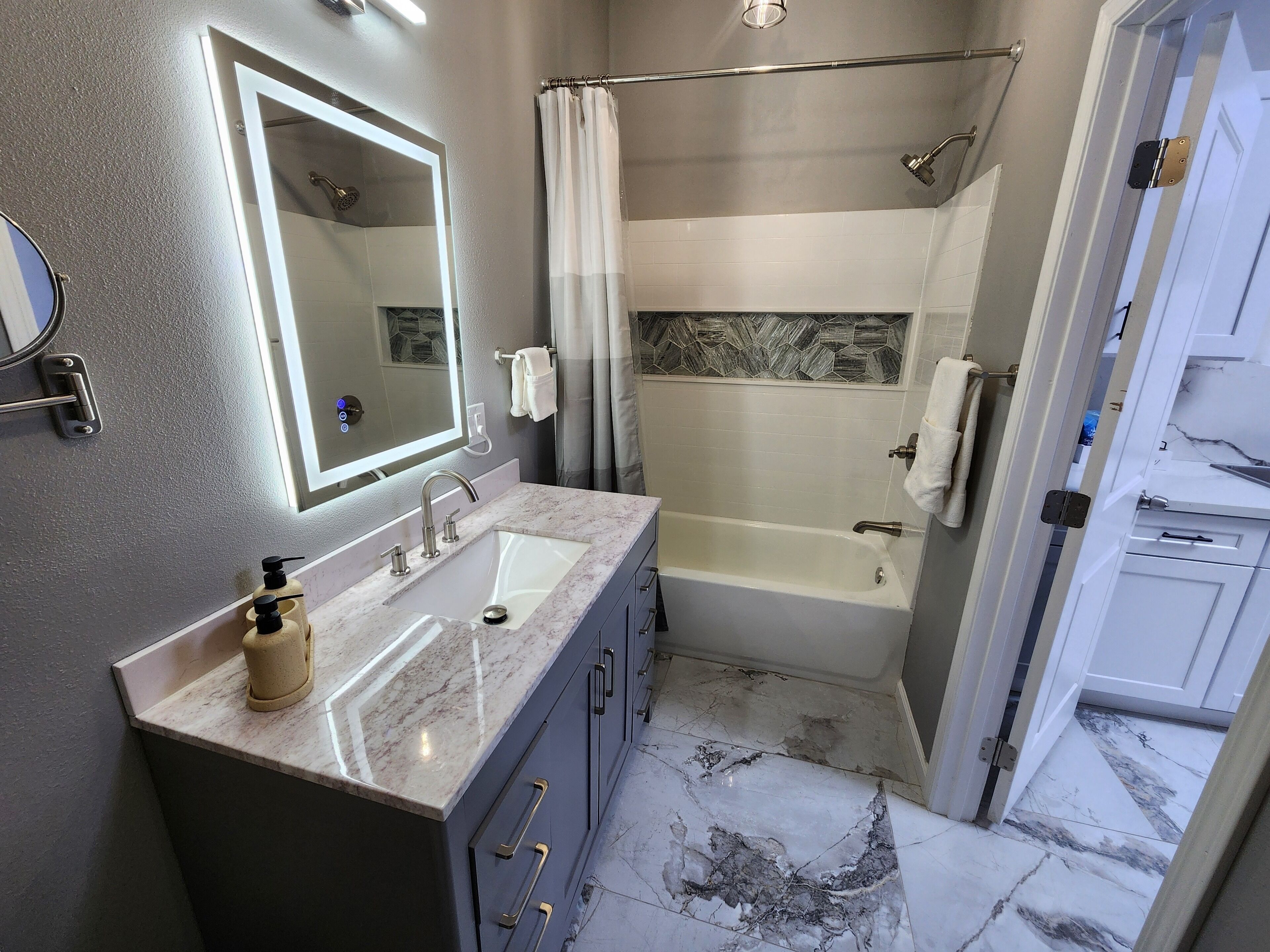 Hair dryer, towels, soap, toilet paper