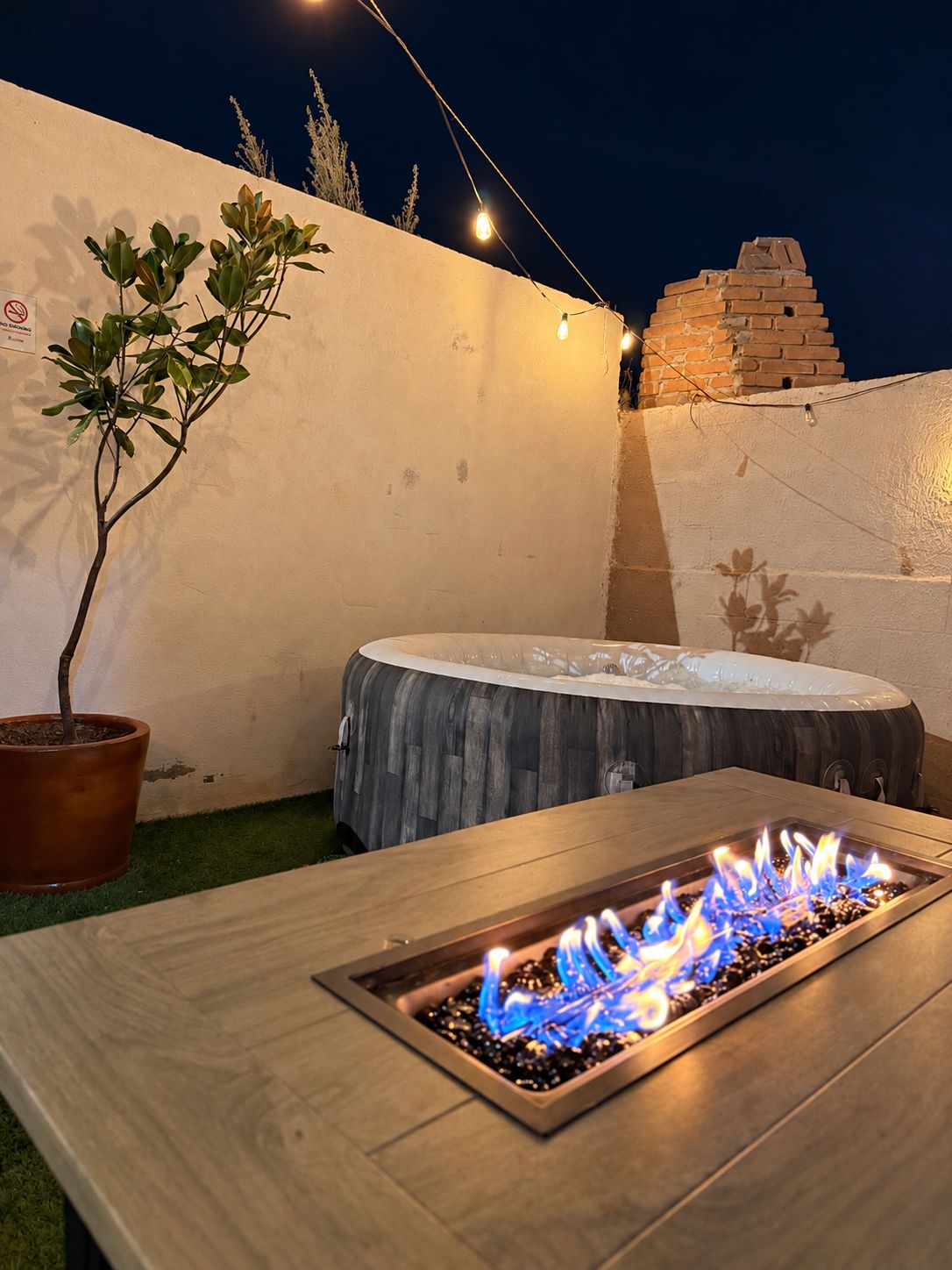 Un espace extérieur aménagé en terrasse, avec un foyer, un jacuzzi et des plantes en pot.