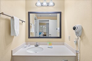 Hair dryer, towels, soap, toilet paper