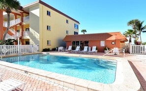Une piscine avec des chaises longues, un bâtiment doté de balcons et un palmier.