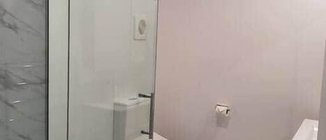 A modern bathroom with a glass shower enclosure, a toilet, and a trash bin.