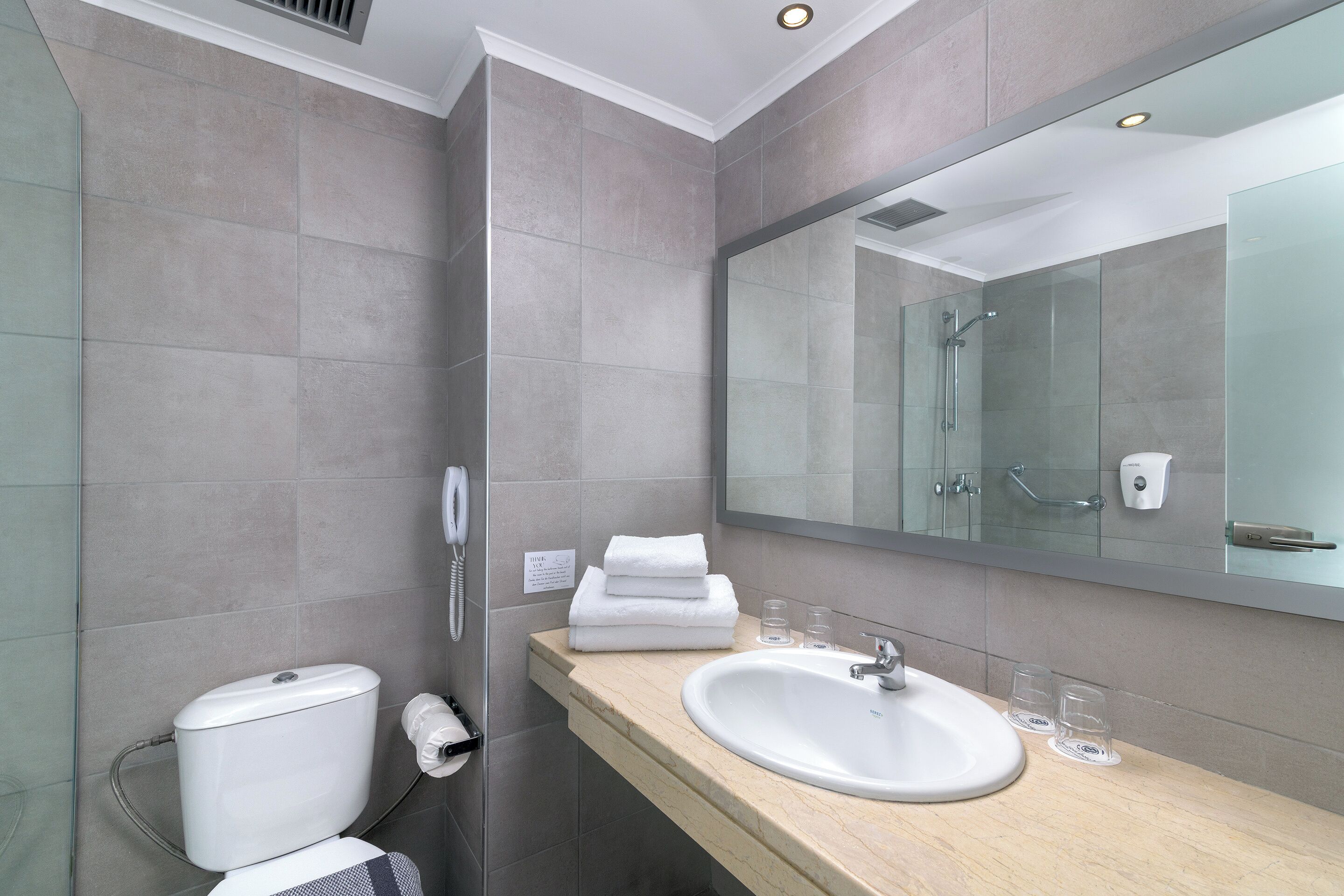 Un baño moderno con ducha, inodoro, lavabo y un espejo grande.