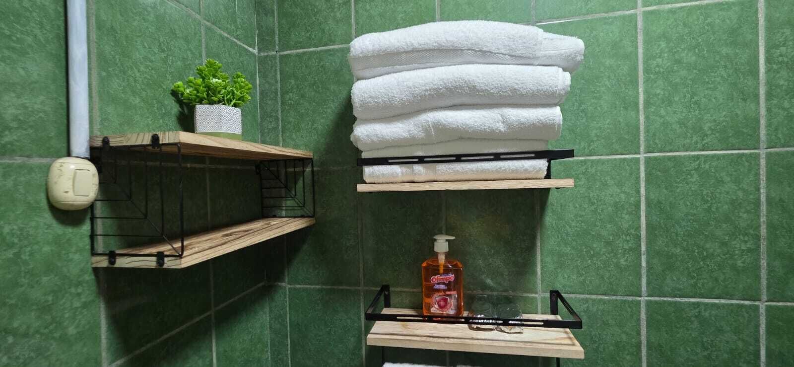 Un baño con azulejos verdes, un estante de madera con una planta en maceta, una pila de toallas blancas y un dispensador de jabón en una pequeña repisa.