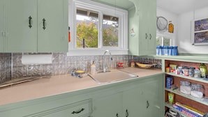 Een keuken met groene kastjes, een dubbele spoelbak en een raam met uitzicht op bomen.