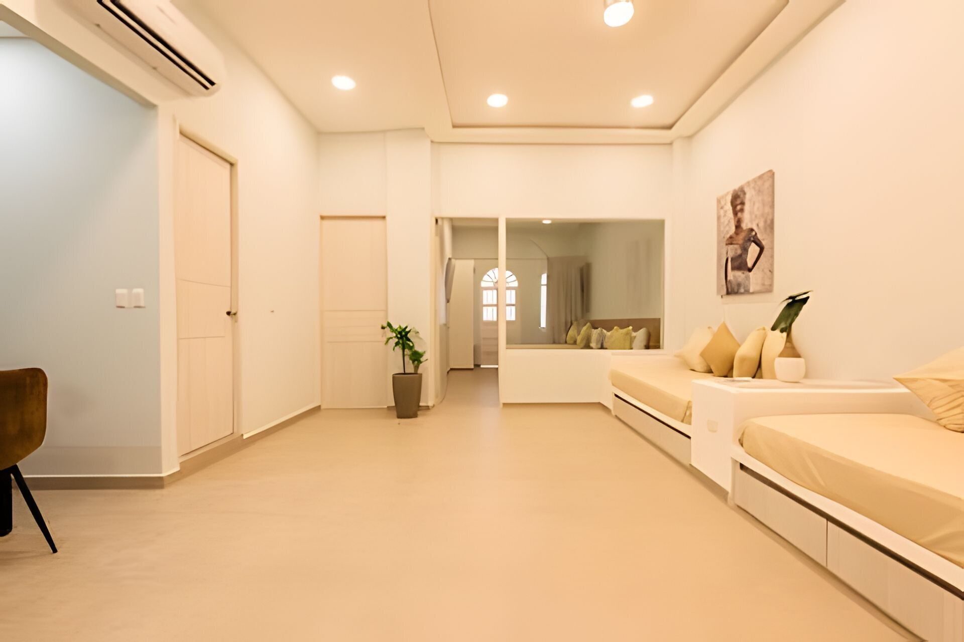 A modern, well-lit room with a large bed, a seating area, and a potted plant.