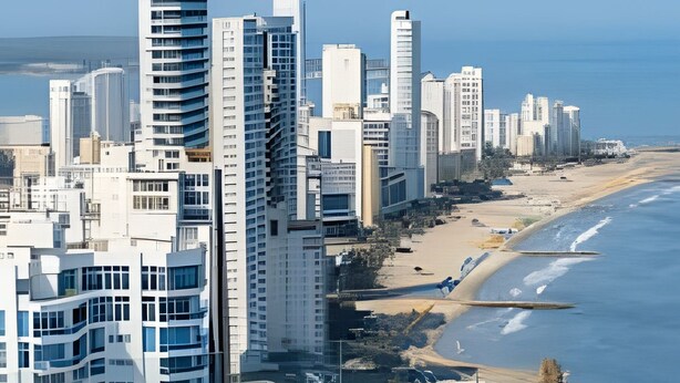 Eine Küstenstadt mit modernen Hochhäusern, einem Strand und einem Schwimmbeckenbereich.