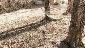 Una hamaca atada entre árboles, un sendero de tierra y un edificio rojo al fondo.