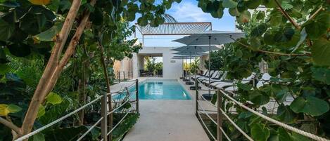 A pool area with a concrete pathway, lounge chairs, and umbrellas.