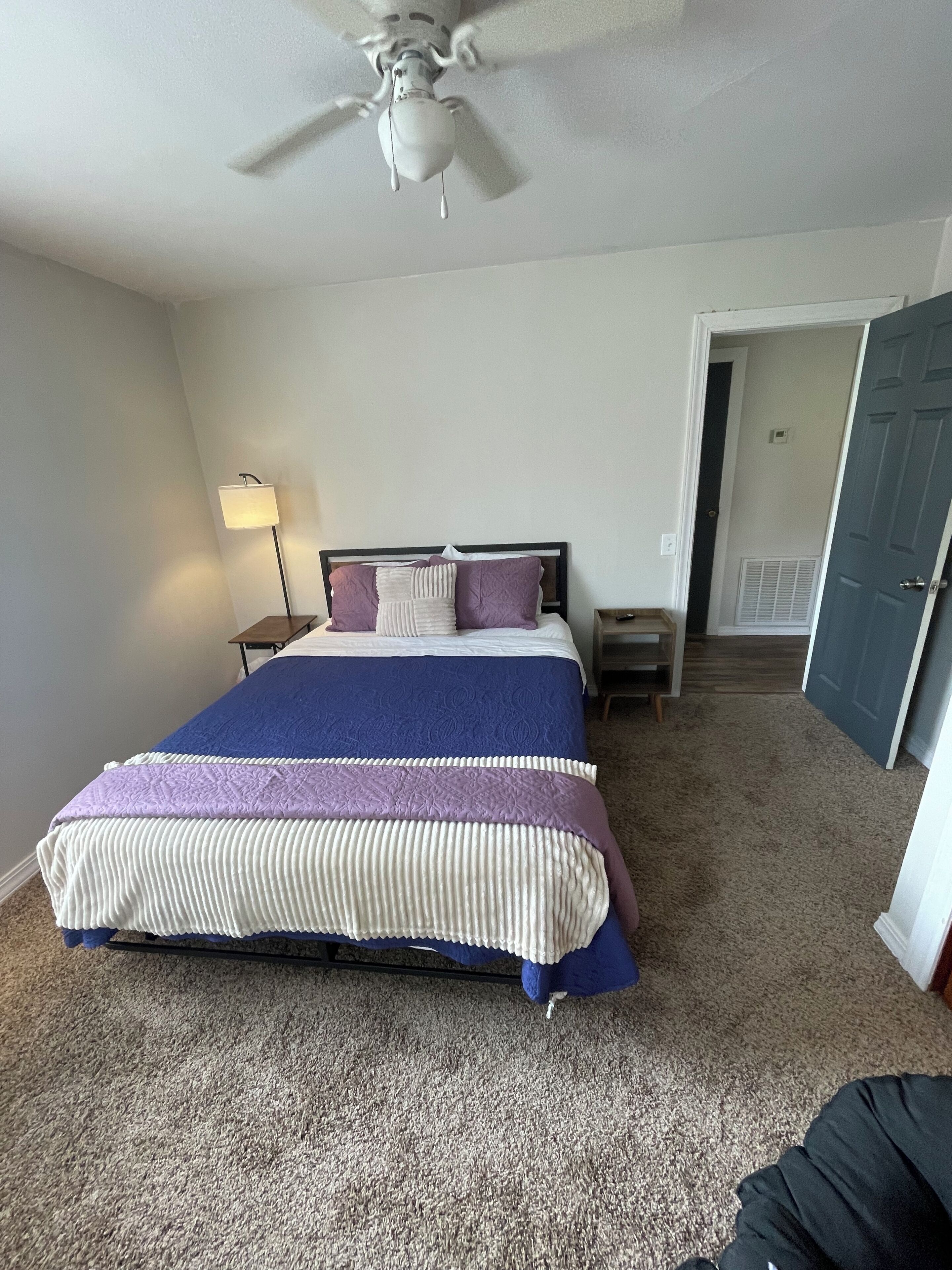 A bedroom with a bed, a ceiling fan, a nightstand, a lamp, and a door.