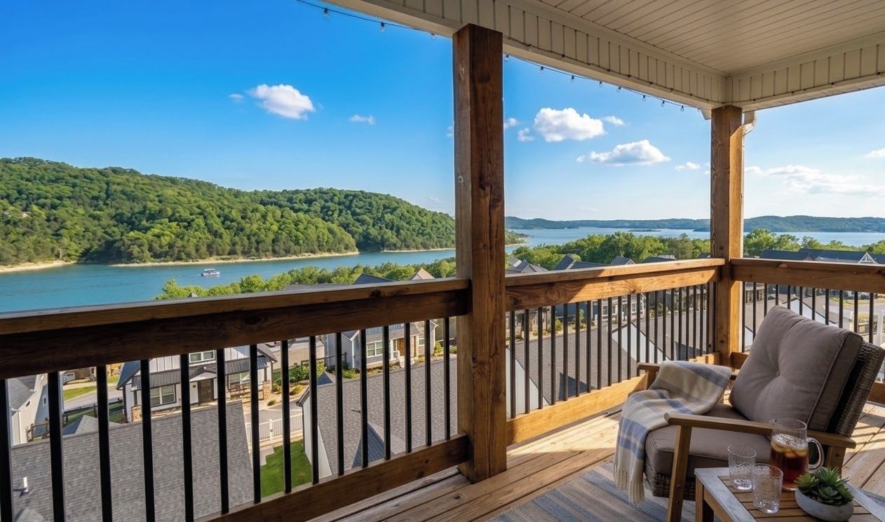 Una terraza de madera con vista a un lago y colinas, una silla, una mesa con un vaso y una jarrón, y una barandilla.