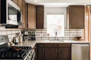 Fridge, microwave, oven, stovetop - Refined Riverfront Living | King Suite & Views (Silverthorne)