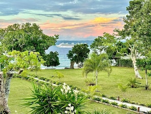 A lush garden with a view of a cruise ship on the water.