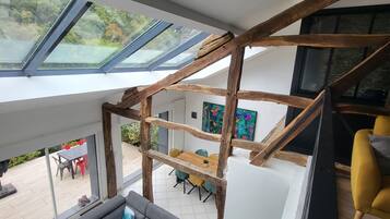 Televisie, een open haard en boeken