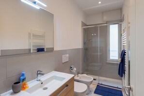 Shower, hair dryer, bidet, towels