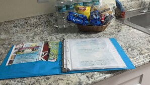 Eine Küchenarbeitsplatte mit einem Kalender, einem Ordner und einem Korb voller Snacks und Wasserflaschen.