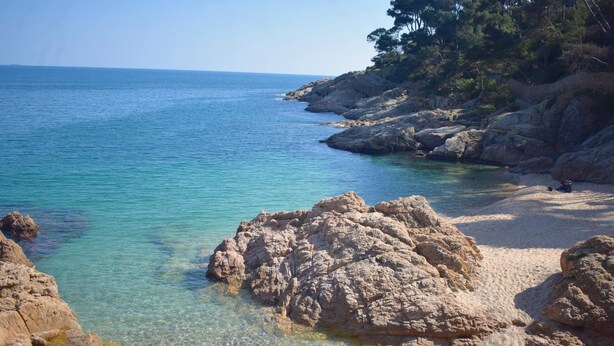 A rocky beach with clear water and a distant view of the sea. - Casa Muga (Tamariu) (Tamariu)