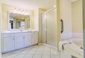 Jetted bath, towels, soap, toilet paper