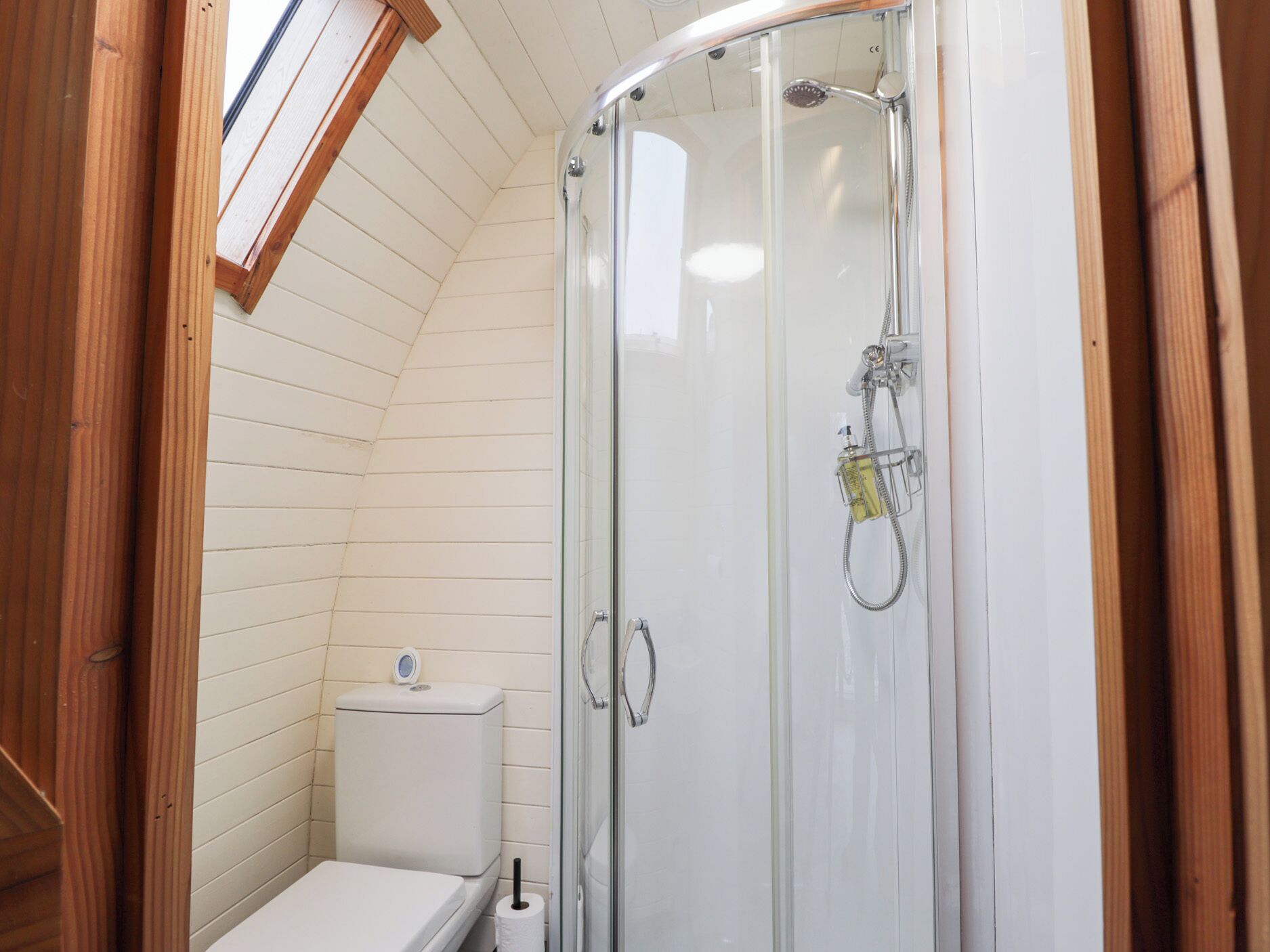 A small, enclosed shower area with a glass door, a toilet, and a wooden ceiling.