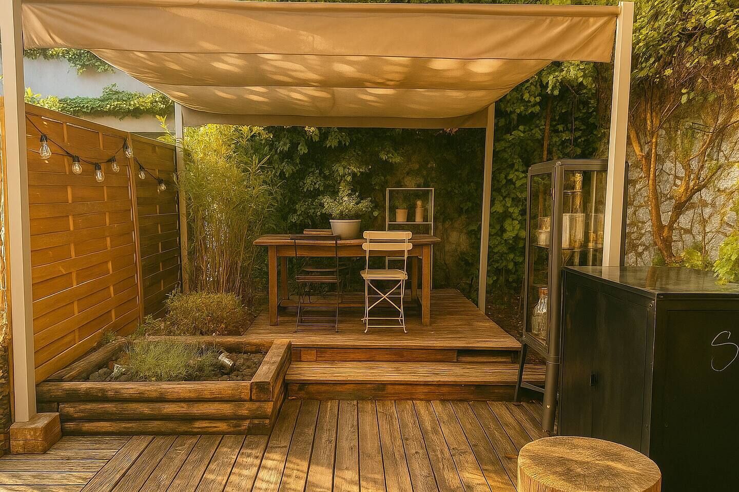 A wooden deck with a table and chairs under a canopy, surrounded by greenery and a glass cabinet.