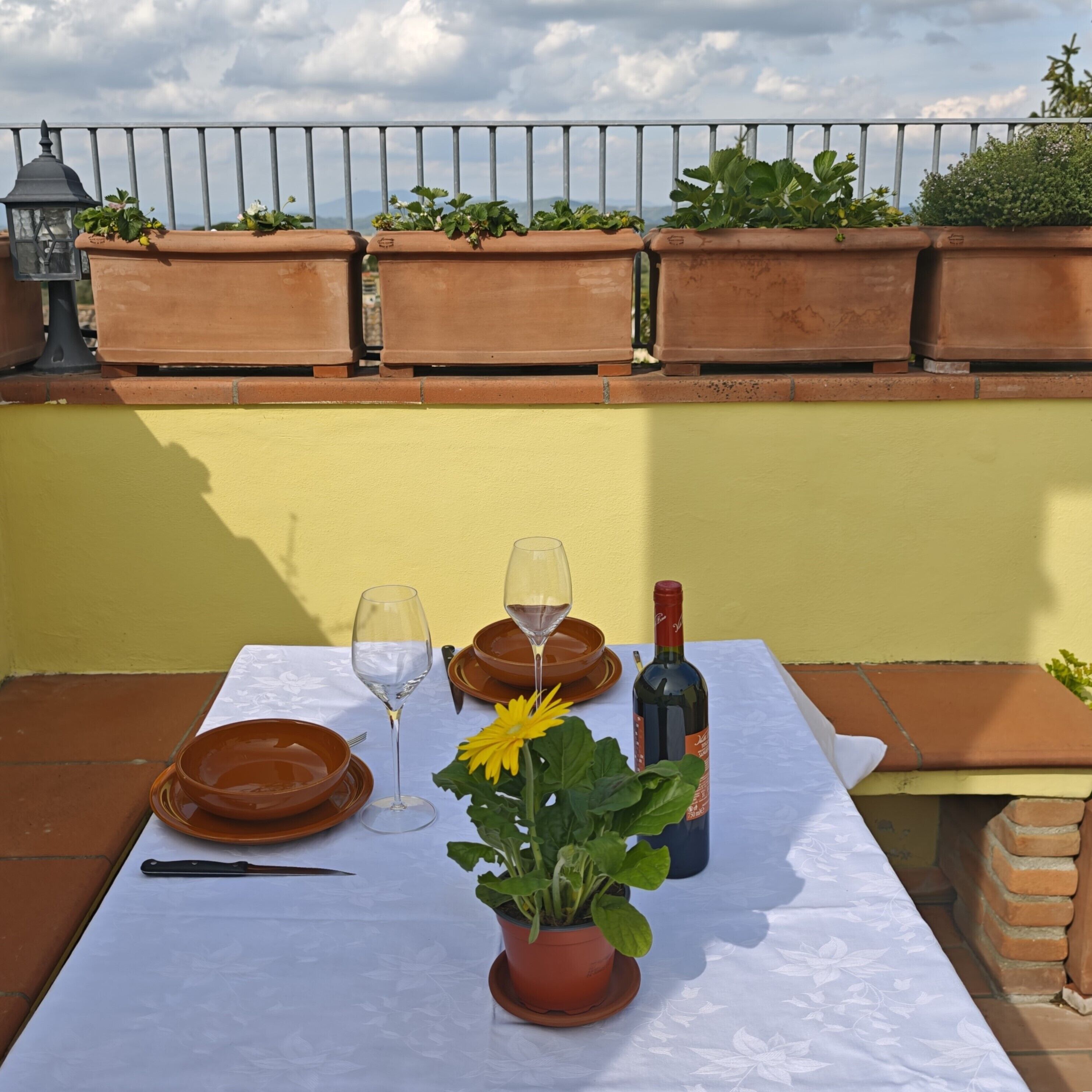 A table set with plates, wine glasses, and a bottle, with a potted plant and a lantern in the background.